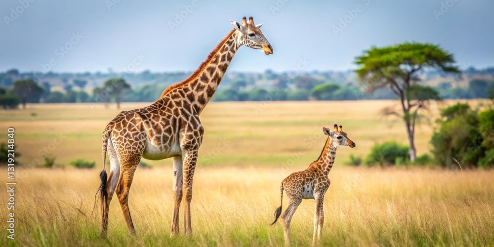 Fototapeta premium A graceful adult giraffe and its young calf stand together in a sunlit savanna, tall grasses swaying gently in the breeze.