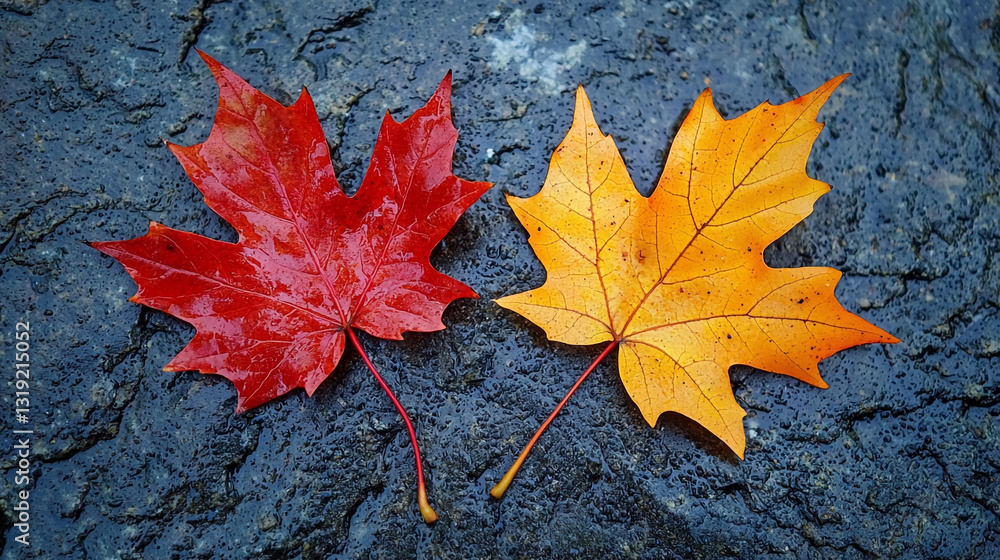 Vibrant red and golden autumn maple leaves on dark wet stone fall leaf image macro orange nature Vibrant red and golden autumn maple leaves on dark wet stone fall leaf image macro orange nature