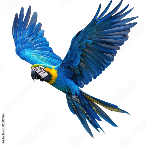 Blue macaw flying in nature isolated on transparent background.
