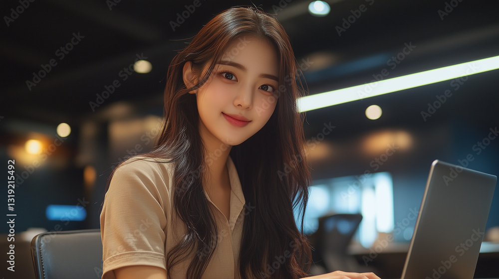 Young Korean woman working at a modern office desk, focused on her laptop, during a productive work session in a stylish environment Young Korean woman working at a modern office desk, focused on her laptop, during a productive work session in a stylish environment
