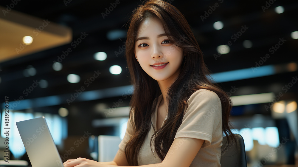 Korean worker using laptop in modern office space during daytime Korean worker using laptop in modern office space during daytime