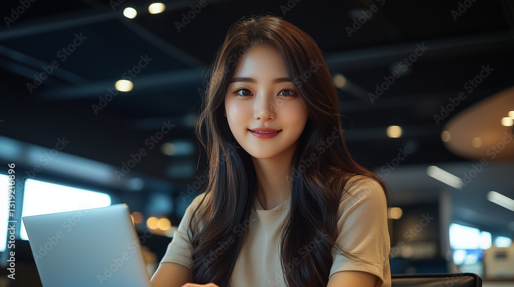 Young Asian worker focused on laptop inside modern office during daytime Young Asian worker focused on laptop inside modern office during daytime