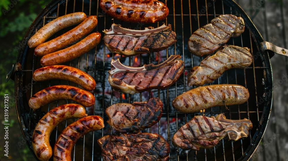 Assorted delicious grilled meat on a barbecue