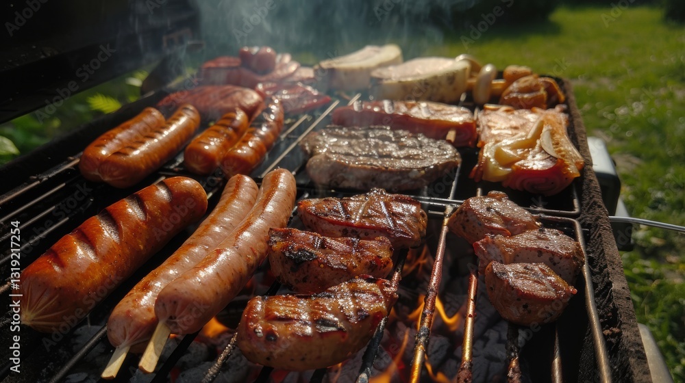 Summer barbecue cooking assorted delicious meat over a hot fire
