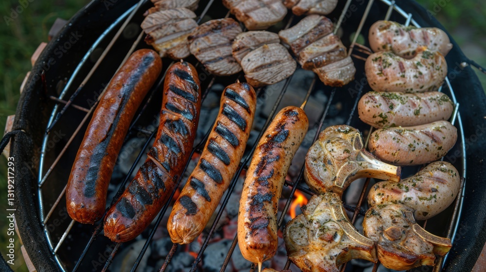 A variety of meats are being grilled on a barbecue, including hot dogs, sausages