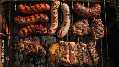 Obraz na płótnie Top view of assorted delicious grilled meat on a barbecue grill w salonie