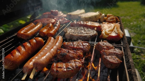 Obraz na płótnie Summer barbecue cooking assorted delicious meat over a hot fire w salonie