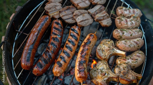 Obraz na płótnie A variety of meats are being grilled on a barbecue, including hot dogs, sausages w salonie