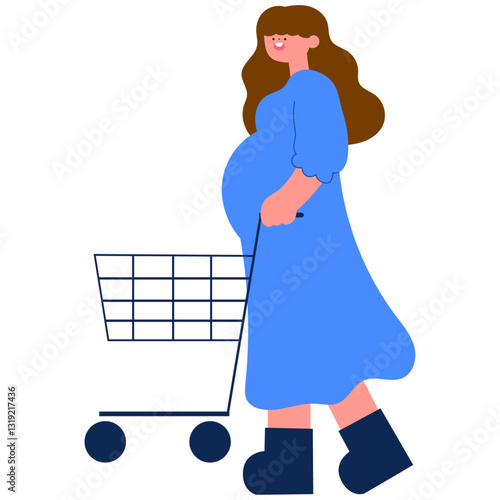 happy pregnant woman shopping for baby items at a store, preparing for motherhood flat vector illustration