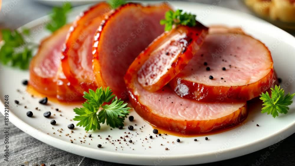 Sliced Glazed Ham: Appetizing slices of glazed ham artfully arranged on a pristine plate, garnished with fresh parsley and peppercorns, a visual treat for any gathering or festive meal. Sliced Glazed Ham: Appetizing slices of glazed ham artfully arranged on a pristine plate, garnished with fresh parsley and peppercorns, a visual treat for any gathering or festive meal.