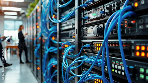 Server Room: High-tech server room showcases a complex network of servers, cables and connections. Technology, data storage, cloud computing, data center