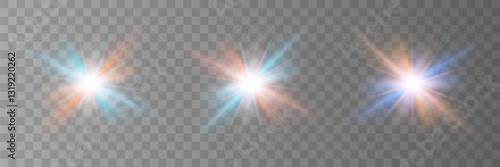 Vector stars set. Lens flare special effect. Bright flash of light on transparent background for illustrations. EPS 10.