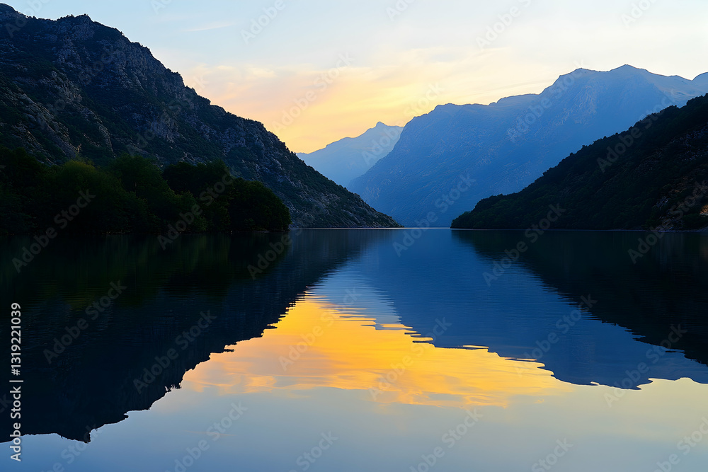 Fototapeta premium A warm sunset reflecting in the mirror-like surface of a tranquil lake