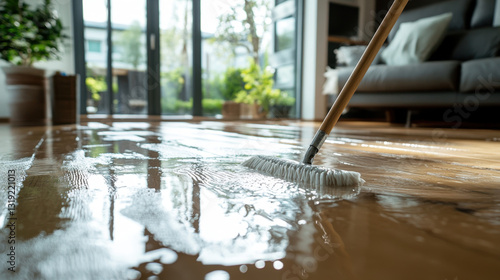 Wallpaper Mural A person is mopping a polished wooden floor in a bright living room filled with plants and natural light Torontodigital.ca