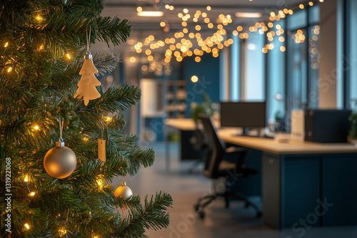  Elegant Christmas Tree with Golden Lights in Modern Office Lobby Creating Warm and Festive Seasonal Atmosphere