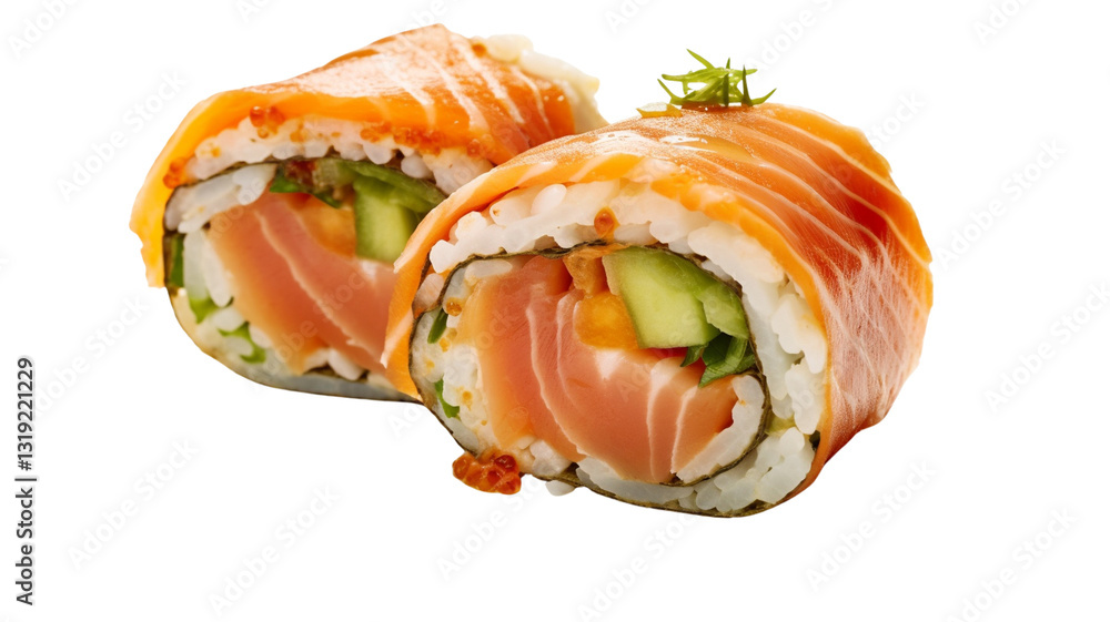 Two pieces of fresh sushi rolls with salmon, cucumber, and rice, garnished with herbs Two pieces of fresh sushi rolls with salmon, cucumber, and rice, garnished with herbs
