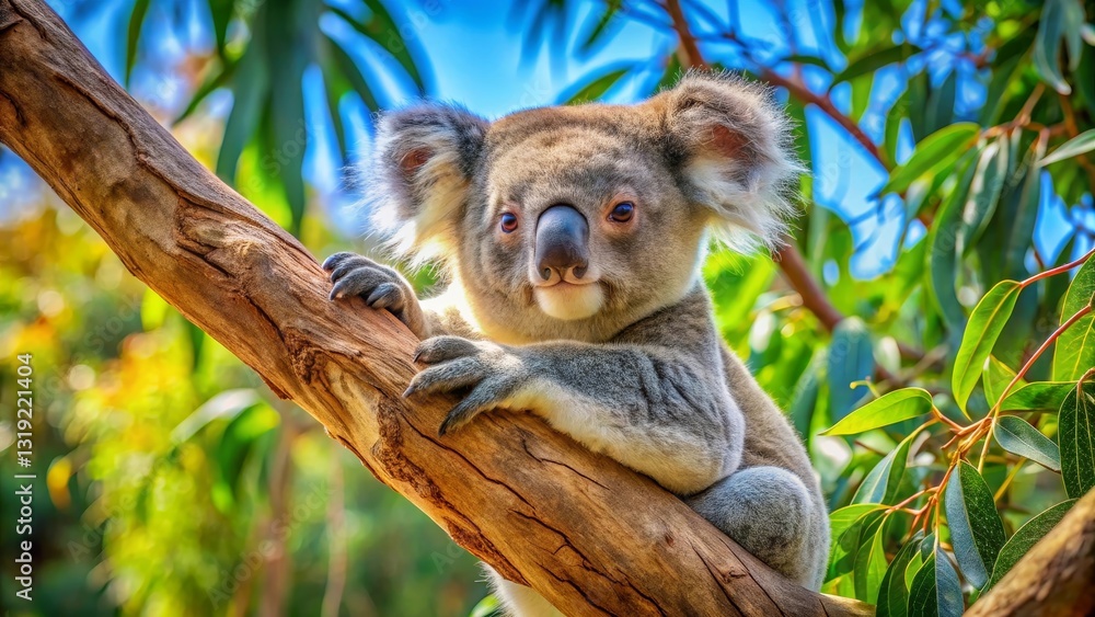Fototapeta premium Adorable Koala Bear Clinging to a Sunlit Eucalyptus Branch in a Lush Green Forest Habitat