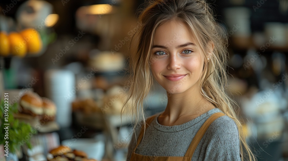 A smiling waitress with red hair in a green shirt and apron places a cup of coffee on a small saucer in front of a seated customer. A smiling waitress with red hair in a green shirt and apron places a cup of coffee on a small saucer in front of a seated customer.