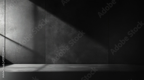 A minimalist studio space with concrete walls and floor, dramatically lit by a sharp beam of light