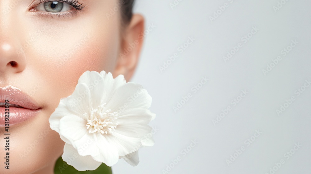 Naklejka premium Young woman with flower, close-up of serene face, fresh and natural beauty, ideal for wellness and skincare themes.
