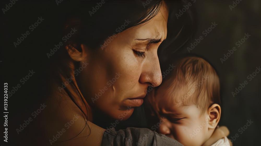 Emotional connection on world maternal mental health day. Postpartum depression concept. Postnatal care services, women's wellness Emotional connection on world maternal mental health day. Postpartum depression concept. Postnatal care services, women's wellness