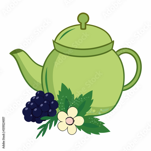 Green ceramic teapot blackberry with leaves and blossom natural herbal tea vector illustration