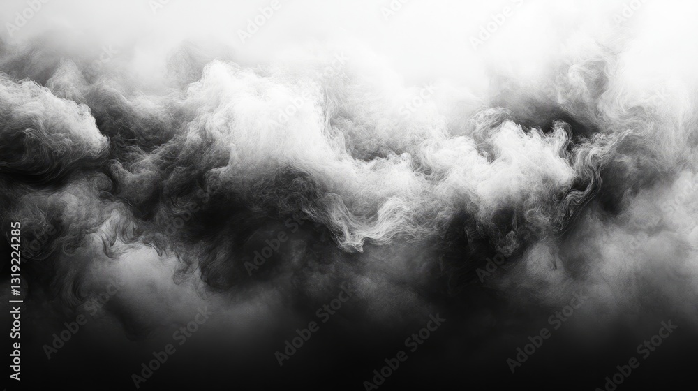 Abstract black cloud with layers of smoky gray tones, floating on a bright white background Abstract black cloud with layers of smoky gray tones, floating on a bright white background