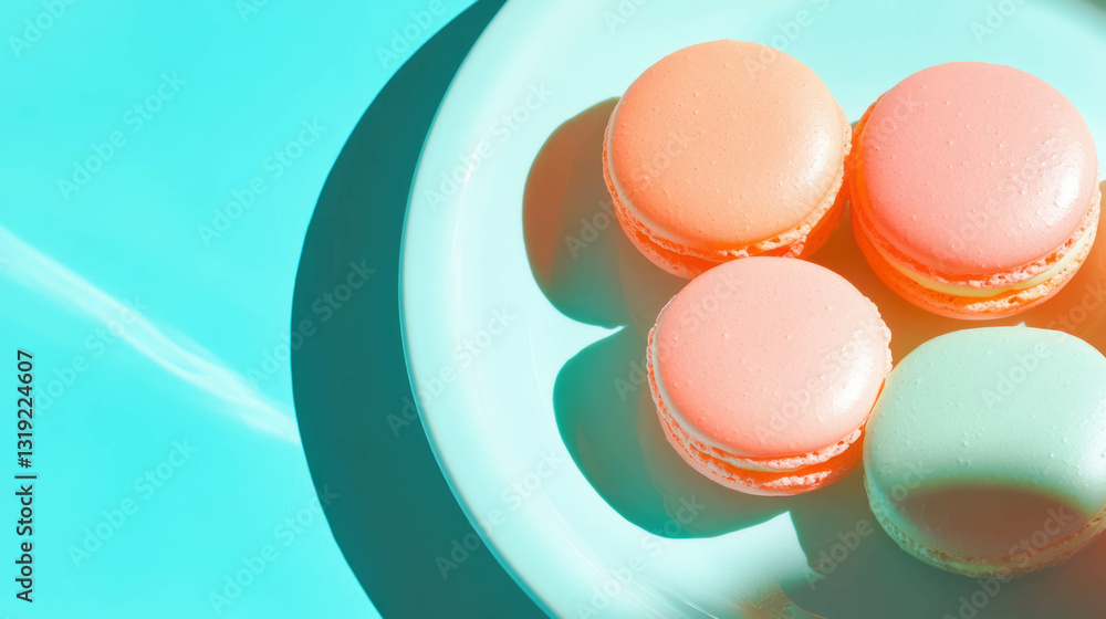 Obraz premium Elegant dessert arrangement with colorful macarons on pastel plate