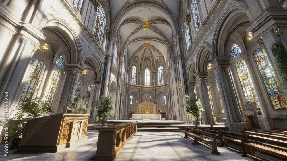 Fototapeta premium Sunlit Cathedral Interior With Stained Glass Windows And Plants