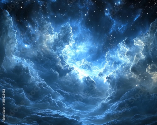 An ethereal blue nebula with many glowing stars surrounding it