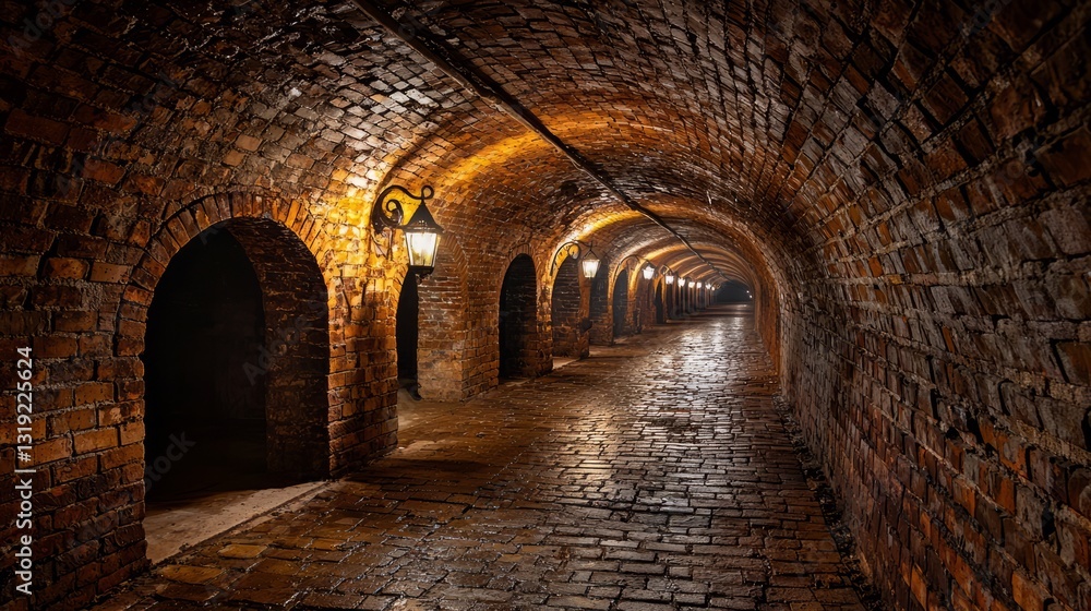 Naklejka premium Mystical Brick Archway Tunnel with Lanterns Illuminating Pathway
