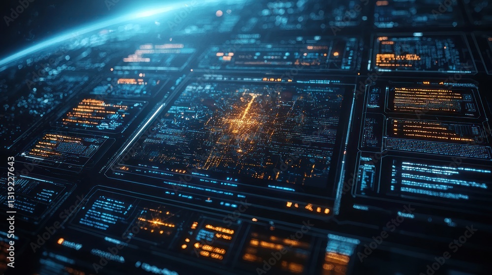 Naklejka premium Futuristic Digital Interface: Global Network Data Visualization