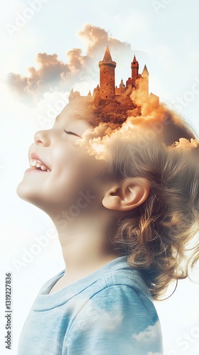 A joyful child with a dreamy castle in clouds representing imagination and wonder.