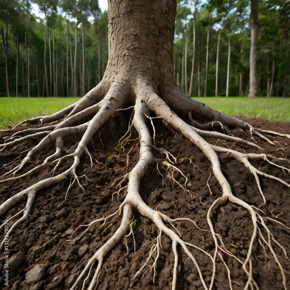 A captivating display of a tree’s roots emerging from the ground and extending outward. A captivating display of a tree’s roots emerging from the ground and extending outward.