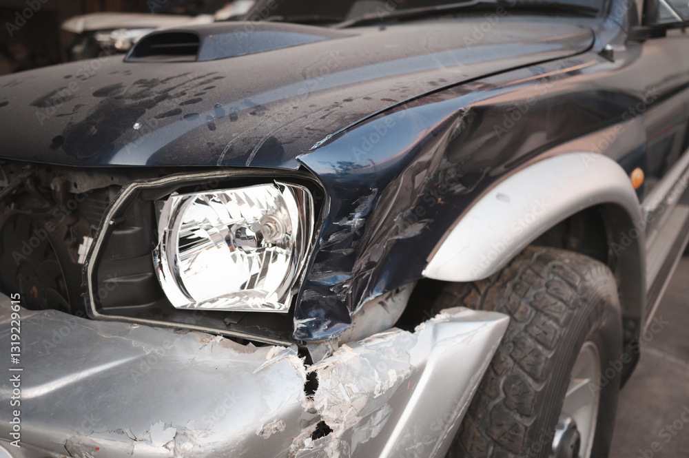 Vehicle Repair Needed. The broken headlight, dented fender, and exposed internal parts suggest the need for professional auto repair services. Vehicle Repair Needed. The broken headlight, dented fender, and exposed internal parts suggest the need for professional auto repair services.