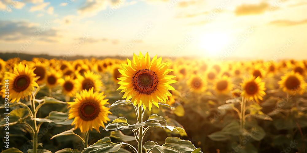 Fototapeta premium Close-Up of a Sunflower Field Stretching Towards the Horizon for Warm Summer Scenery, Floral Beauty, or Vibrant Nature Photography