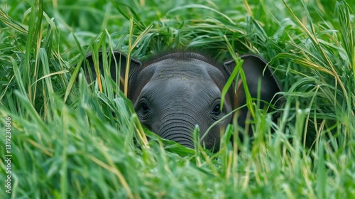 A baby elephant hiding under its mothers belly, peeking out with curiosity in the tall grass.