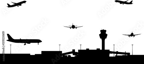 Airport with plane and facilities silhouette vector, transportation concept illustration for background.
