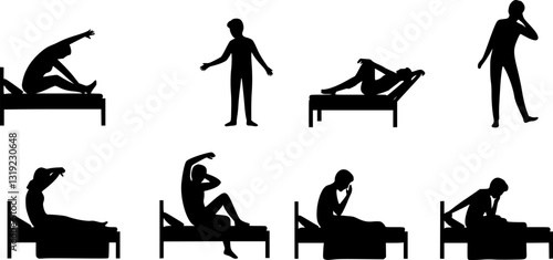 Set of man and woman on bed waking up silhouette vector
