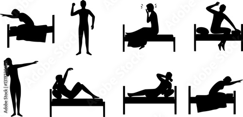 Set of man and woman on bed waking up silhouette vector
