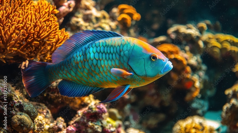 A beautiful parrotfish grazing on coral, its bright blue and green scales shimmering under the sunlight. A beautiful parrotfish grazing on coral, its bright blue and green scales shimmering under the sunlight.