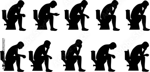 Set of young man sitting in the toilet bowl silhouette on white background
