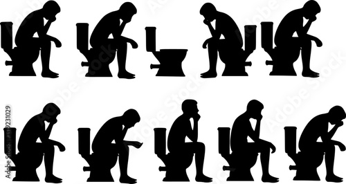 Set of young man sitting in the toilet bowl silhouette on white background

