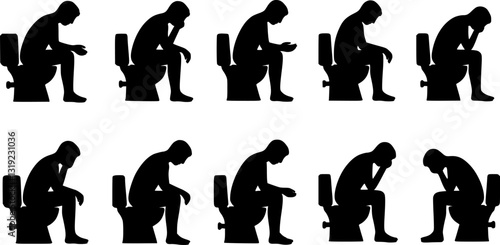 Set of young man sitting in the toilet bowl silhouette on white background
