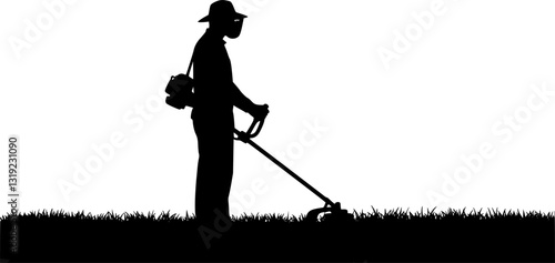 Man and grass mowing equipment silhouette
