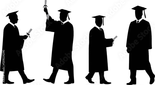 Set of graduated men silhouette vector on white, education
