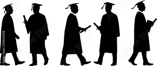 Set of graduated men silhouette vector on white, education
