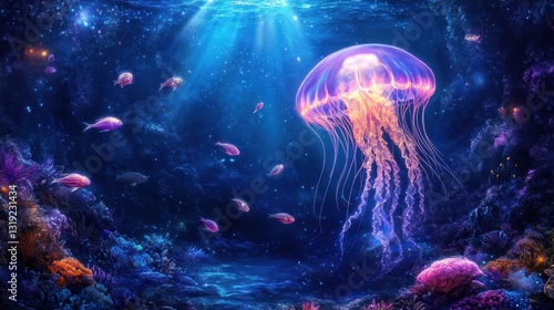 Wallpaper Mural A bioluminescent jellyfish drifting through the ocean, with tiny tropical fish glowing around it. Torontodigital.ca