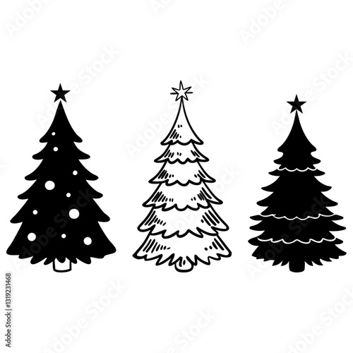 Three Christmas Trees in Black and White, Each Offering a Unique Interpretation of Festive Cheer, Topped with Guiding Stars.
