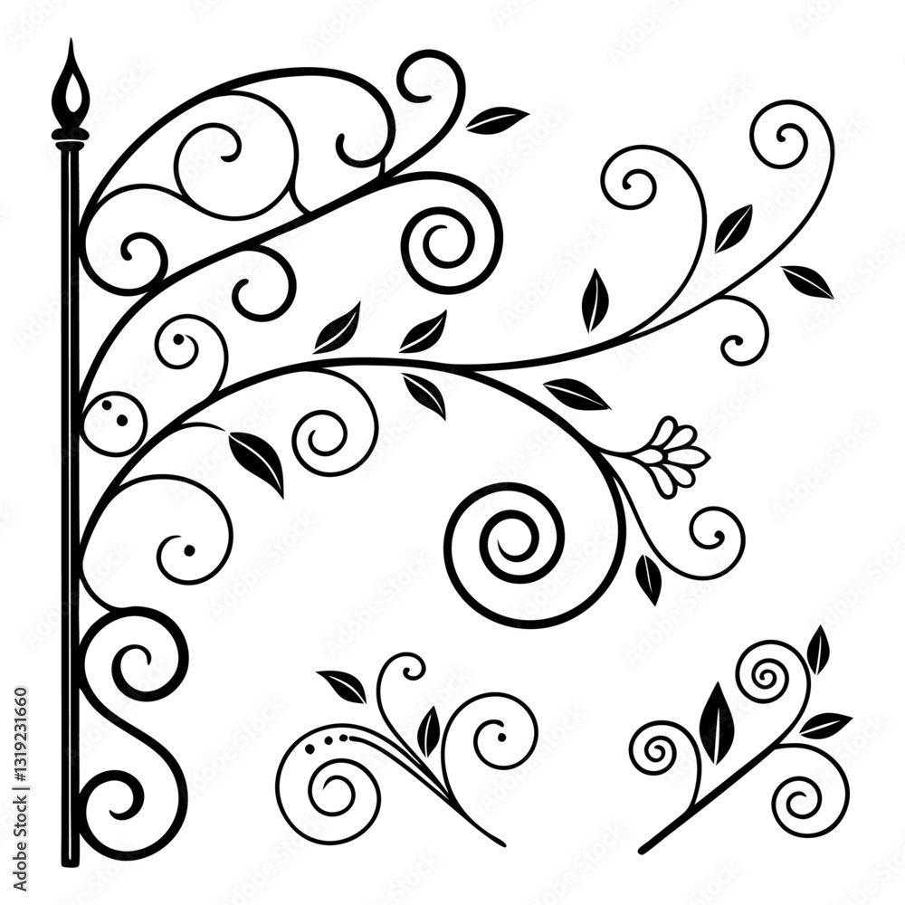 A Black and White Graphic of a Wrought Iron Corner Element featuring a decorative post with a pointed finial, and scrolling vines that include leaves and a simple flower.. A Black and White Graphic of a Wrought Iron Corner Element featuring a decorative post with a pointed finial, and scrolling vines that include leaves and a simple flower..